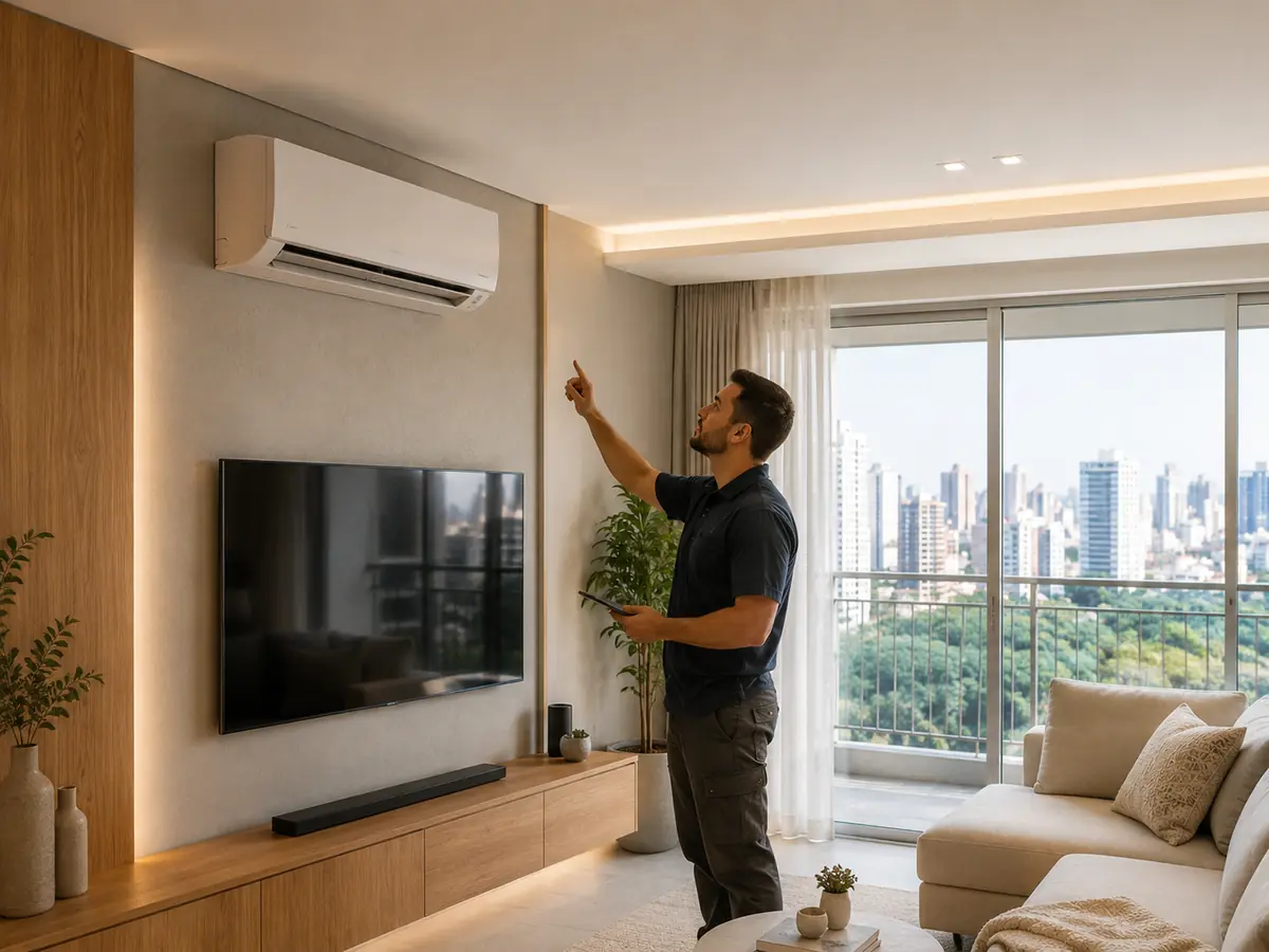 Profissional avaliando instalação de ar-condicionado em apartamento